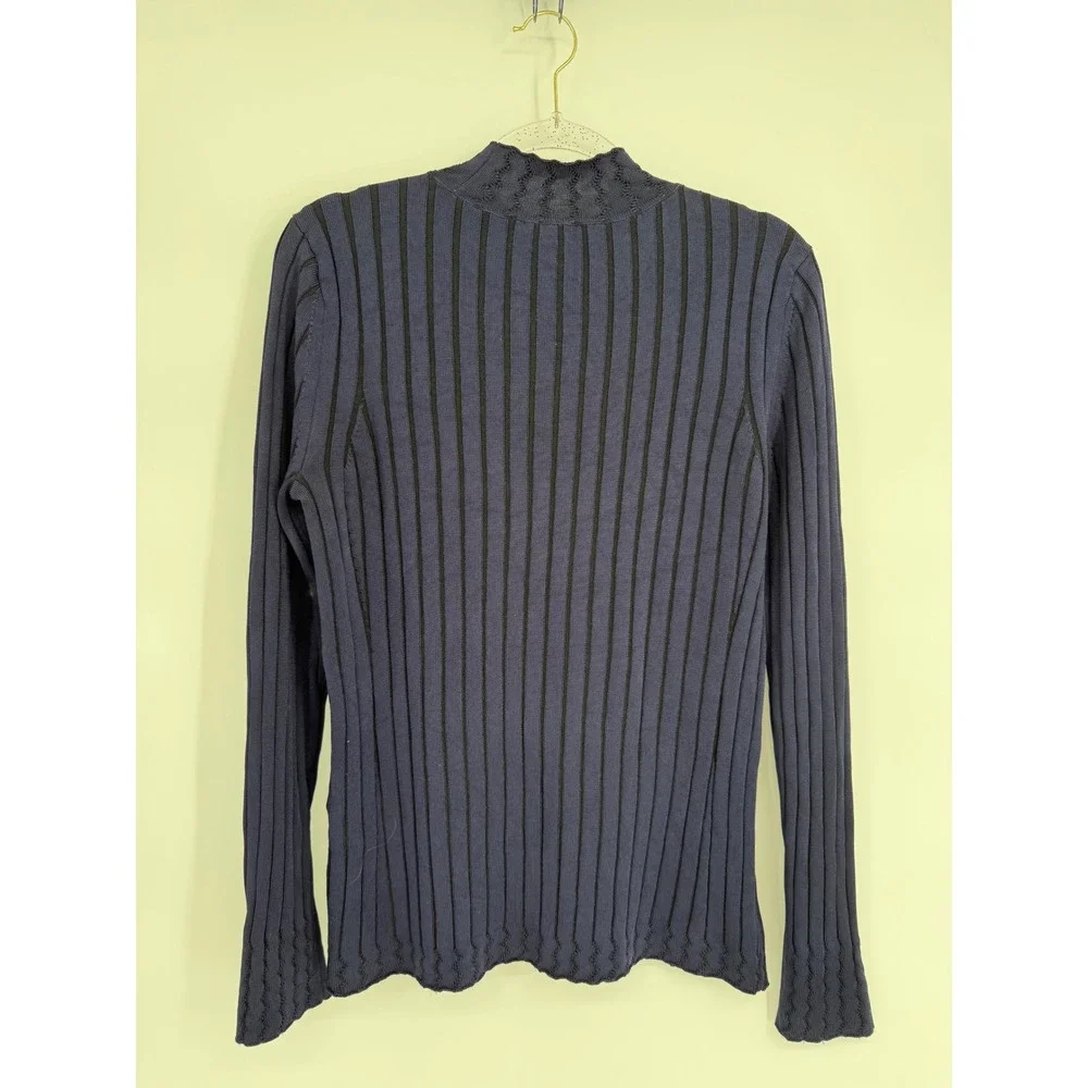 White House Black Market Navy Blue Ribbed Mock Neck Chevron Stripe Sweater Sz L